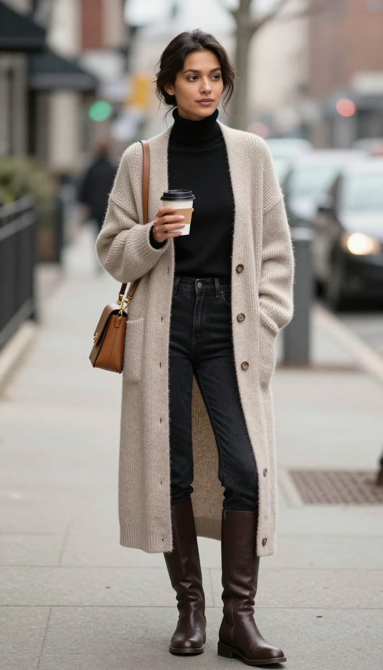 2. Longline Cardigan Over a Turtleneck and Skinny Jeans