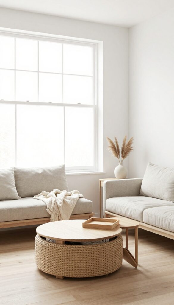 Bright small living room with a round storage ottoman, nesting coffee tables, and a slim storage bench in neutral tones.