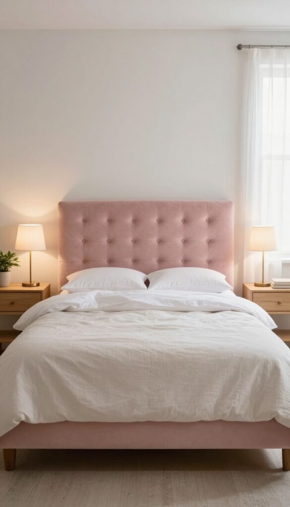 Cozy bedroom with a soft blush pink tufted upholstered headboard, neutral bedding, matching bedside lamps, and bright natural light