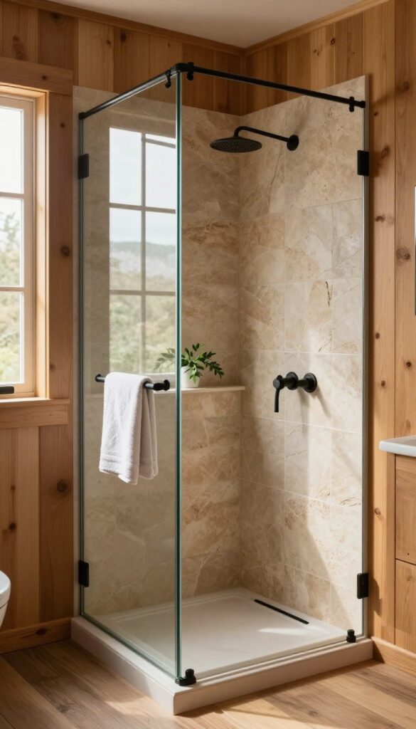 Rustic cabin bathroom shower with a tiled half wall and frameless glass above, bright natural light, and a small ledge holding a towel.
