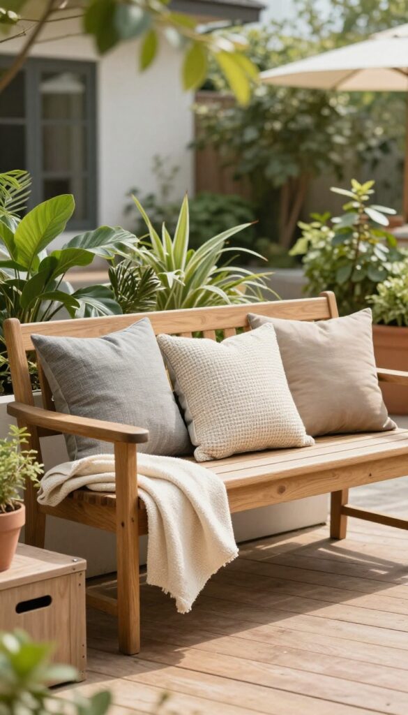 Cozy outdoor deck bench layered with colorful outdoor throw pillows and a soft folded blanket in bright natural light