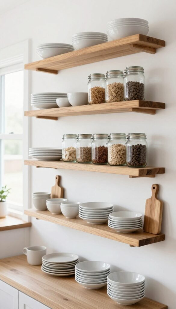 Bright farmhouse kitchen with natural wood floating open shelves styled with white ceramic dishes, clear glass jars, and wooden cutting boards in a clean, curated arrangement.