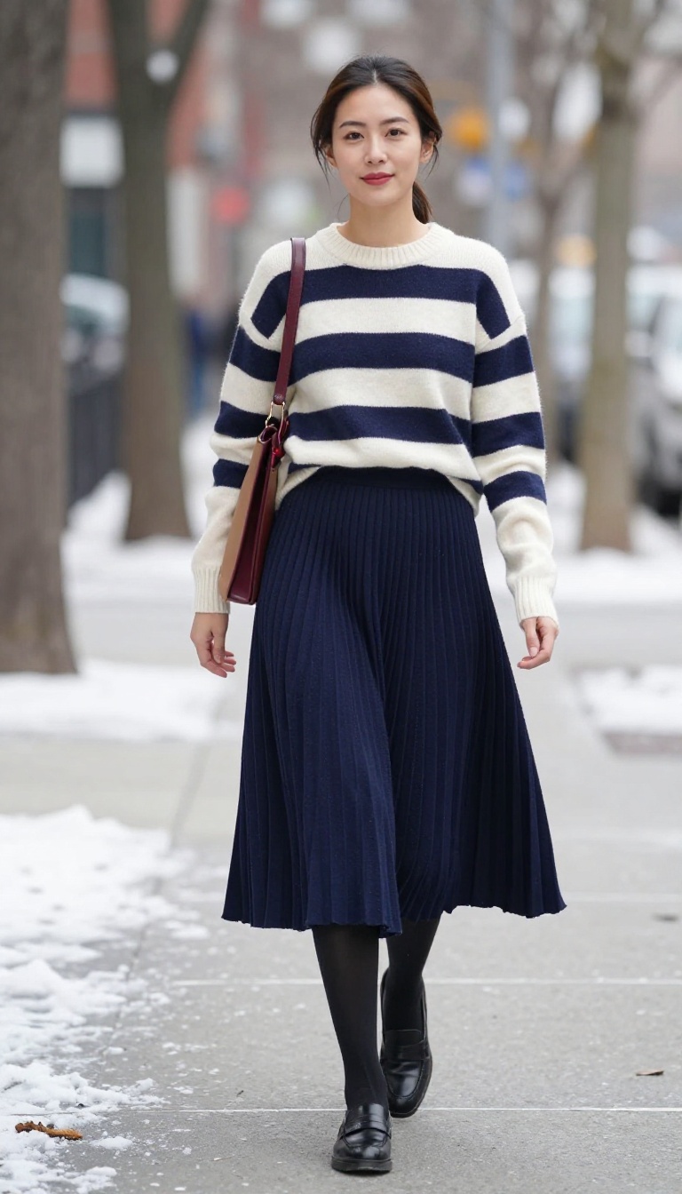 6. Navy Pleated Knit Skirt with Striped Sweater and Loafers
