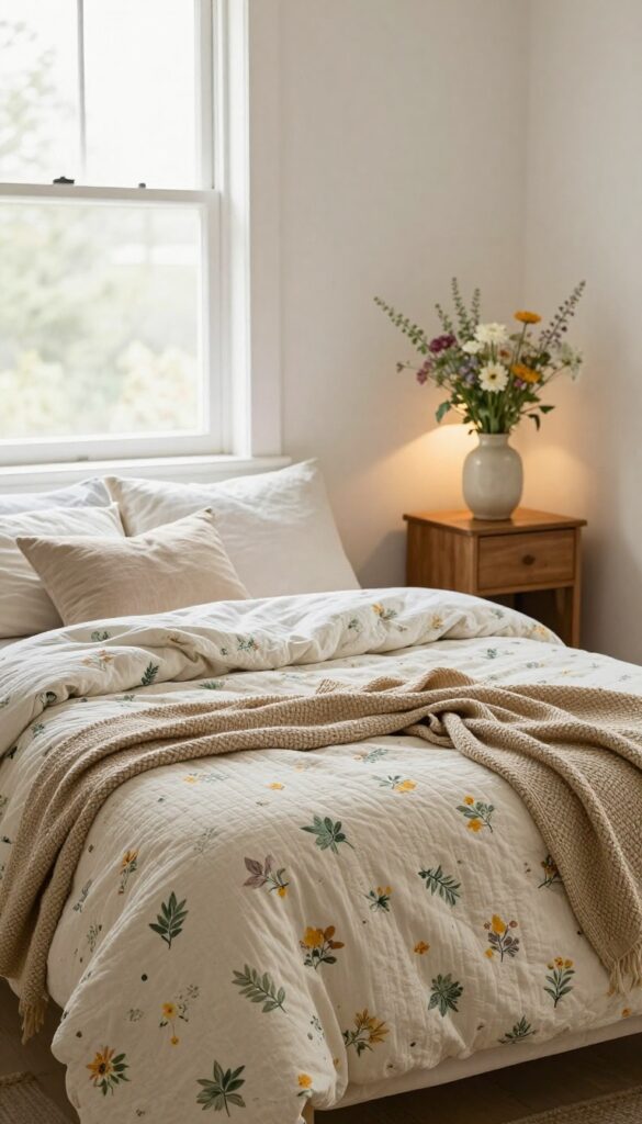 Cottagecore bedroom with a scattered floral comforter in soft green, cream, and faded yellow tones, layered quilts, mismatched pillows, and bright natural light