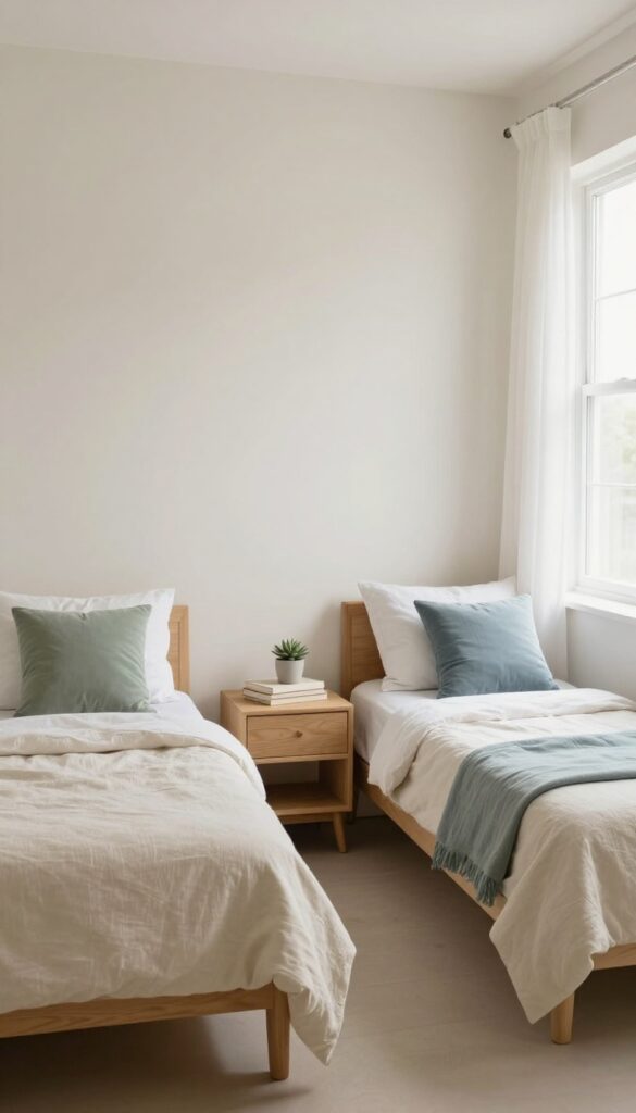 Bright small shared bedroom for two sisters with soft white walls, neutral bedding, and subtle sage and blue accent pillows in natural light