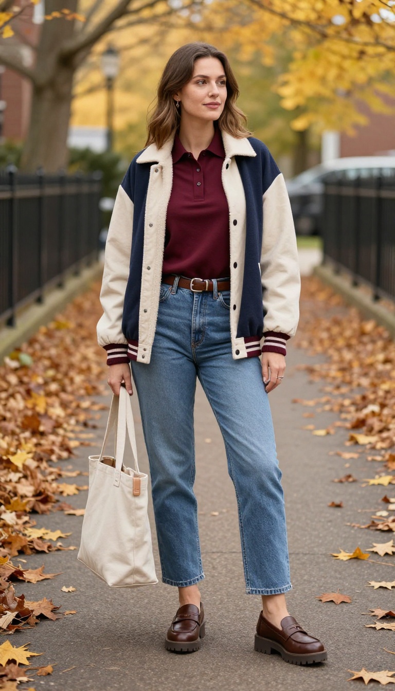 13. Straight Jeans with a Polo Shirt and Varsity Jacket
