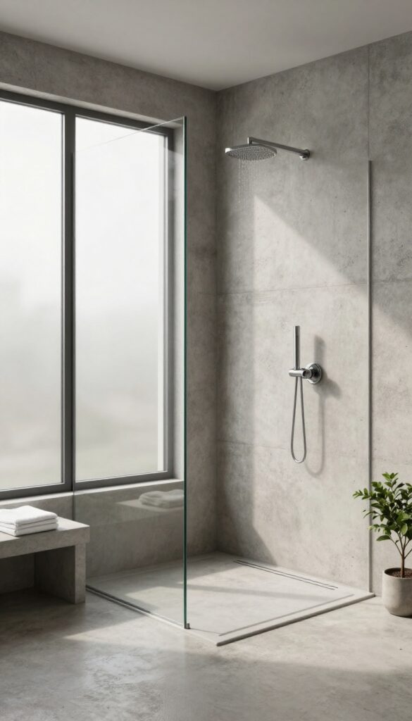 Bright minimalist concrete shower with subtly textured troweled walls, a rainfall showerhead, glass panel, and natural light creating soft depth and shadows
