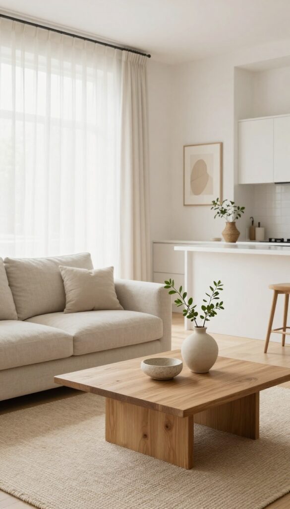 Bright open concept living room with minimal curated decor, a linen sofa, a wooden coffee table with a ceramic vase and stone bowl, and generous negative space on surfaces.