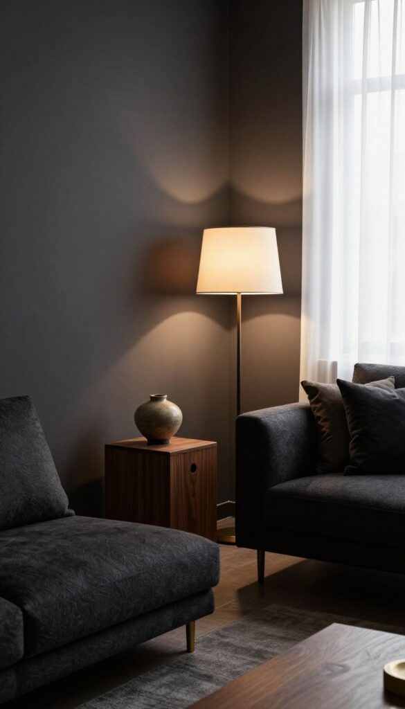 Moody living room at dusk with layered lighting from a floor lamp, table lamp, and low accent light, casting warm shadows and depth on dark walls without any overhead fixture.