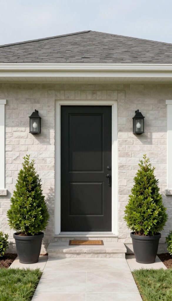 Symmetrical small front yard entry with two matching planters and shrubs flanking a centered front door in bright natural light