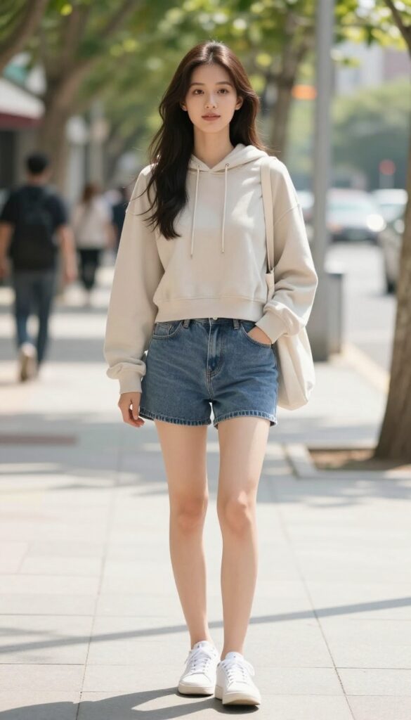 Woman wearing a lightweight cropped hoodie with denim shorts and sneakers on a sunny summer street, casual sporty outfit inspiration