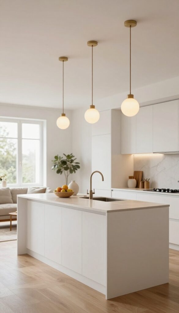 Three warm pendant lights hanging above a kitchen island in a bright open-plan kitchen and living space, visually defining the kitchen zone.