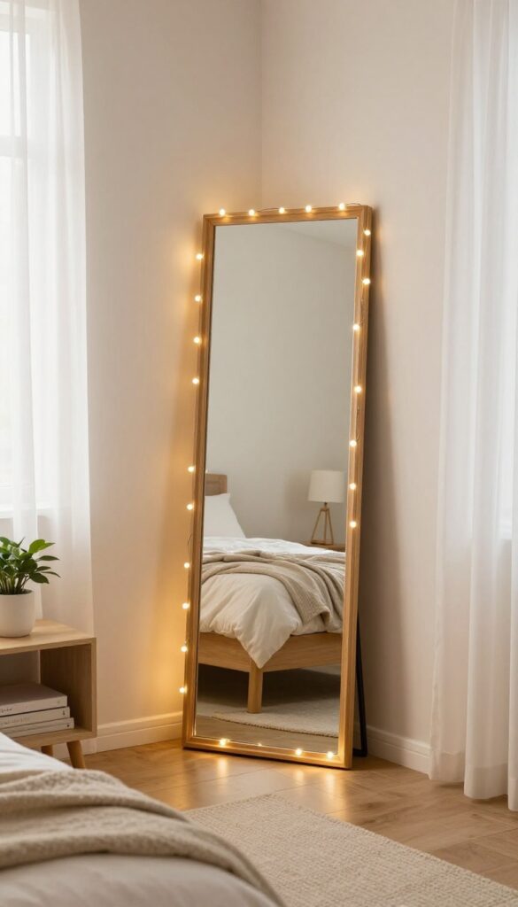 Cozy small bedroom with thin warm fairy lights wrapped around a framed floor mirror, glowing softly and reflecting light across the room at dusk.