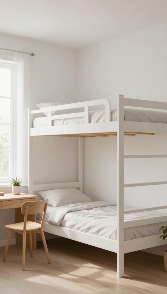 Bright small bedroom with a white cabinet-style Murphy bunk bed folded open, blending into the wall, with minimal furniture and natural light.