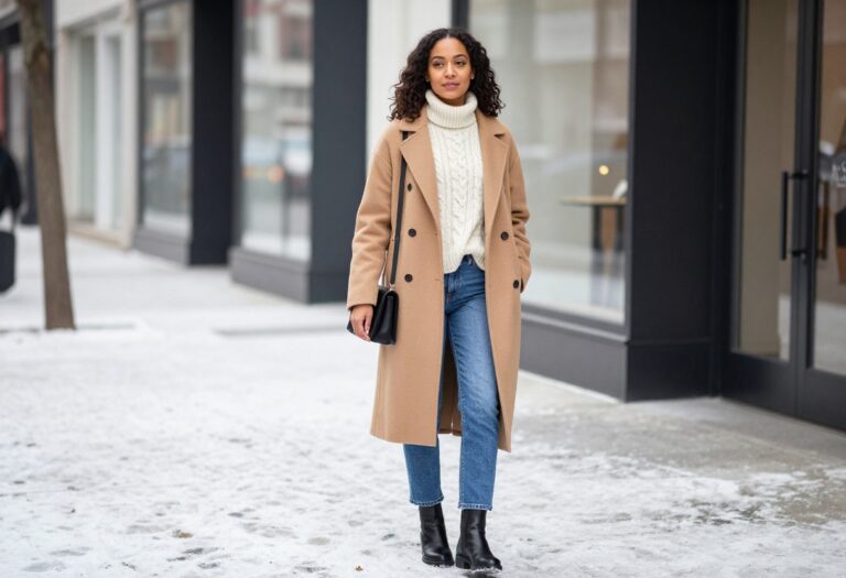 Woman wearing straight leg jeans, cream cable knit sweater, and camel wool coat standing on a winter street.