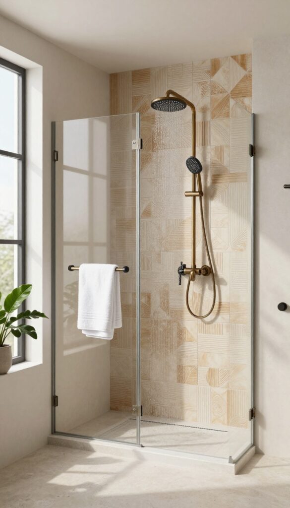 Bright open walk-in shower with a bold textured geometric tile accent wall behind the showerhead and simple neutral surrounding walls