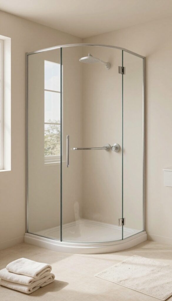 Bright small bathroom with a curved corner shower featuring a rounded base and curved glass panels, soft natural light and neutral tones creating a smooth, open flow.