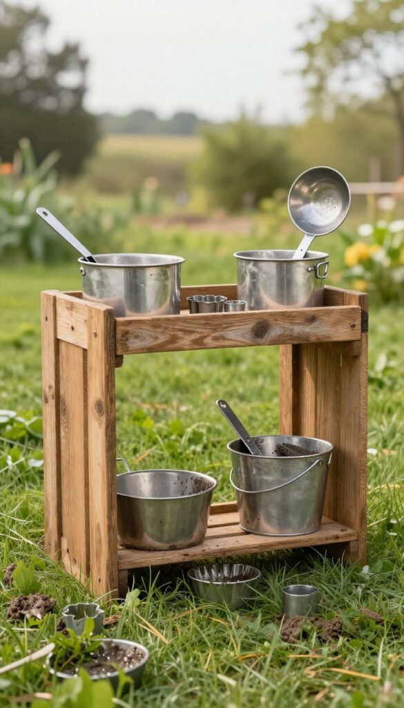 Recycled metal pots, pans, and kitchen utensils arranged in a crate at an outdoor mud kitchen play area