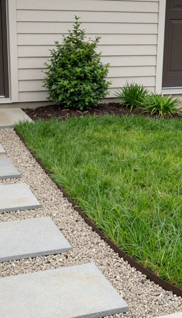 Small front yard with a section of lawn replaced by neutral decorative gravel, stone stepping stones, dark edging, and a tidy planted bed beside short green grass in bright natural light.