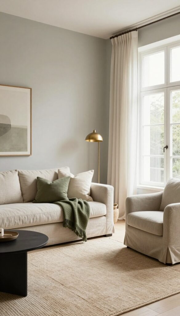Bright modern living room with greige walls and sofa, soft ivory curtains and rug, and muted olive accent pillows, throw, and armchair, styled with natural jute and linen textures.
