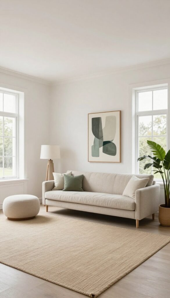 Bright square living room with an intentionally off-center accent chair and oversized art print breaking up the room's symmetry