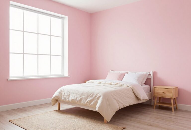 Bright kids' bedroom with soft blush pink walls, white and light wood furniture, and cozy textured bedding in natural daylight.