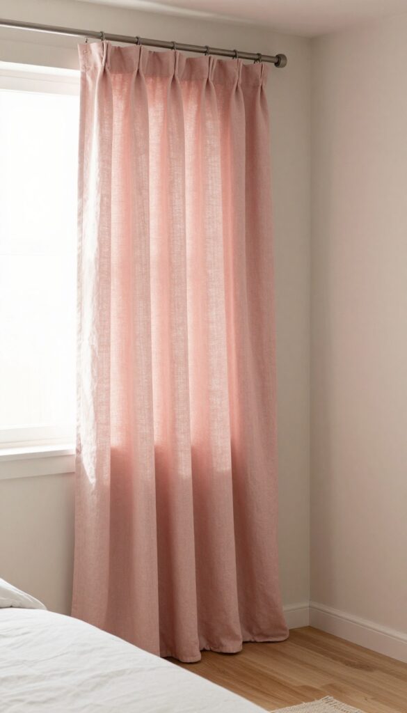 Soft blush pink linen curtains filtering warm natural light in a cozy bedroom with white bedding and neutral walls