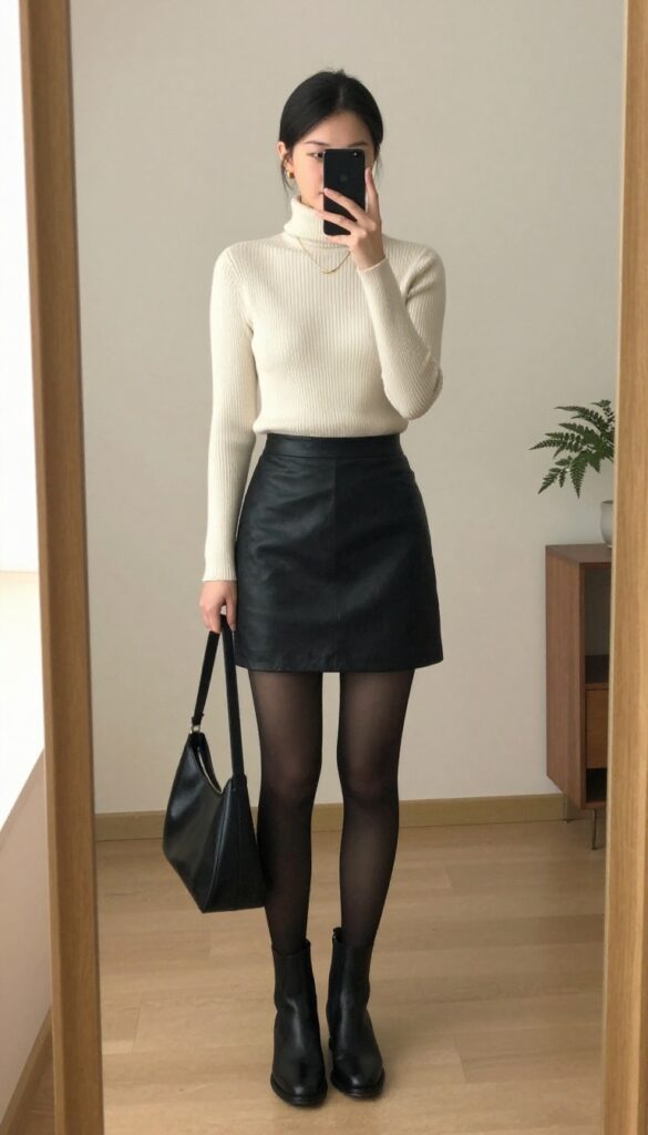 Woman in cream turtleneck and black leather A-line skirt with ankle boots, taking a mirror selfie in a bright neutral room.