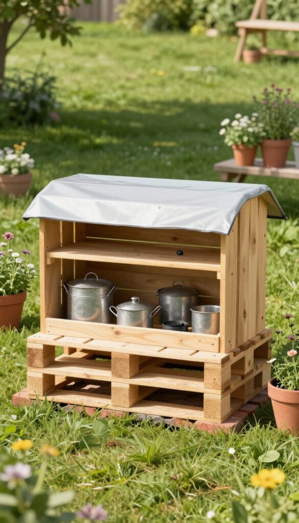 A tidy wooden mud kitchen in a sunny backyard with a weatherproof cover and a storage bench holding pots, pans, and chalk on brick pavers