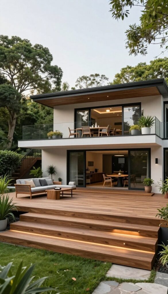 Two-level backyard deck with wide steps connecting an upper dining area to a lower lounge space, surrounded by greenery in bright natural light