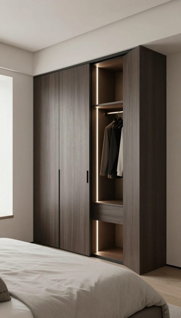 Modern bedroom with a dark sliding wardrobe open to reveal warm LED strip lighting integrated inside, illuminating neatly hung clothes.