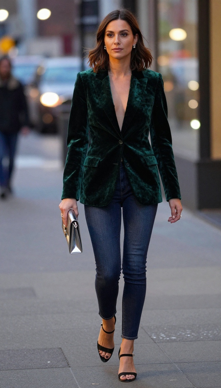 4. Velvet Blazer + Slim Jeans + Strappy Heels
