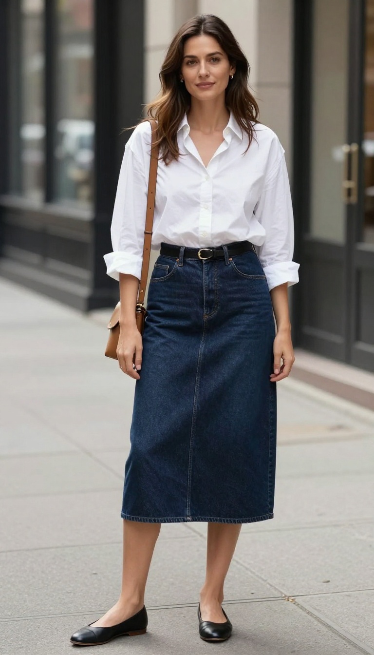 6. Denim Skirt + Crisp White Shirt + Ballet Flats
