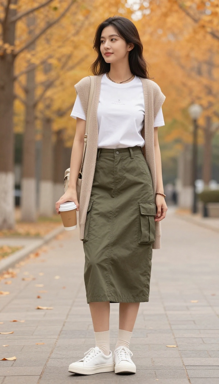 14. Cargo Skirt with a Graphic Tee and Cardigan