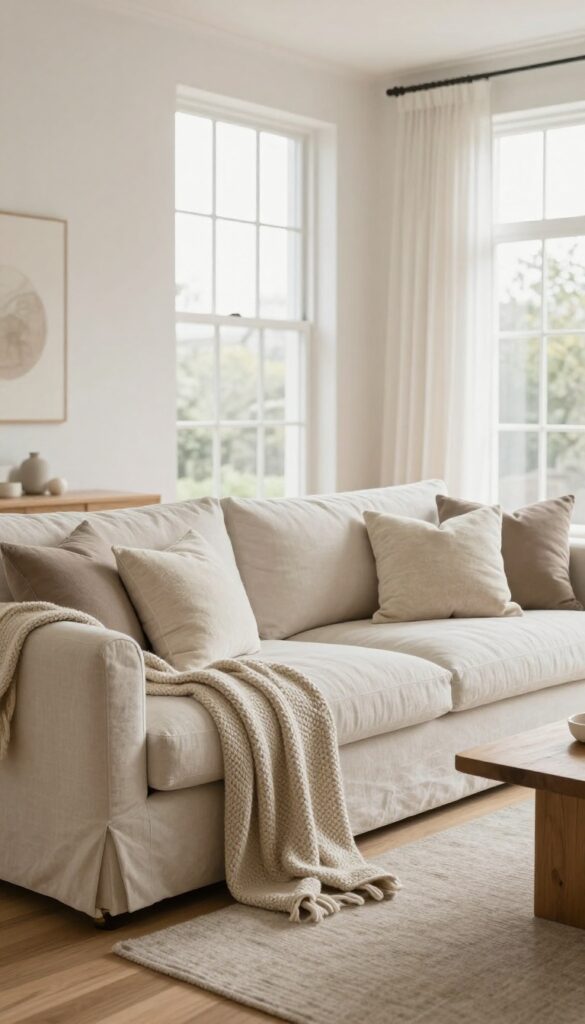 Bright open concept living room with a linen sofa, layered throw pillows, chunky knit blanket, fabric ottoman, sheer curtains, and warm wood accents in soft neutral tones