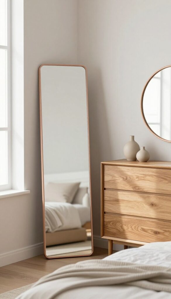 Chic bedroom corner with a tall rose gold framed standing mirror leaning against a wall and a round rose gold mirror above a dresser, styled with minimal decor in bright natural light