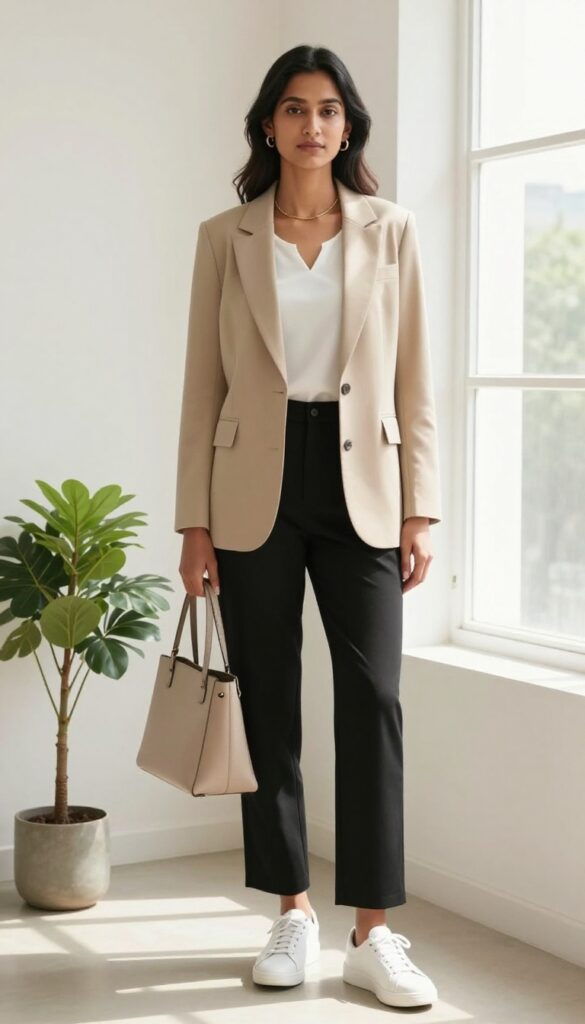 Woman in an elegant casual outfit with a tailored beige blazer, black trousers, white sneakers, and a structured handbag standing in a bright neutral room
