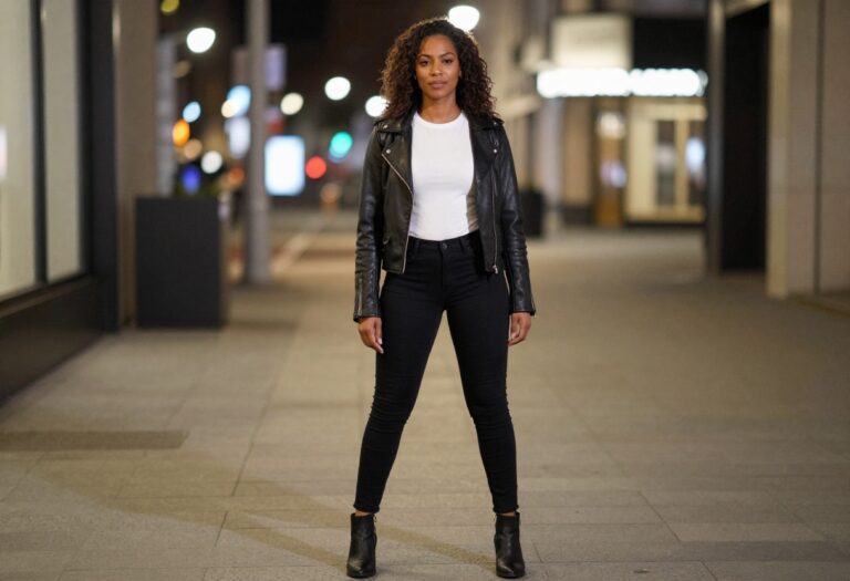 Woman wearing a black leather jacket, white tee, black skinny jeans, and ankle boots with a g string visible, standing on a city street at night.