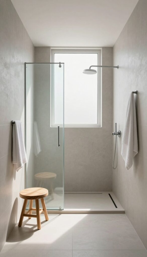 Bright square bathroom with an open wet room layout, continuous light gray tile floor and walls, a single frameless glass shower panel, and a flush linear drain.