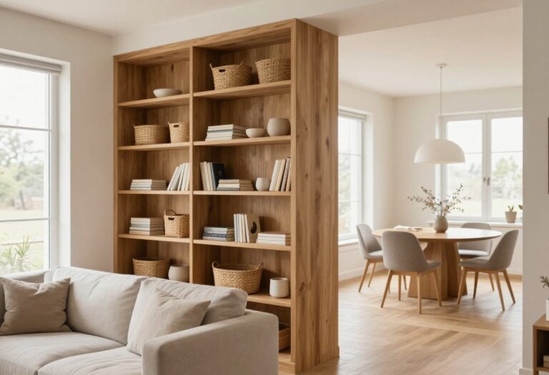 Bright open-concept living room with a tall wooden bookshelf divider separating a sofa seating area from a dining zone