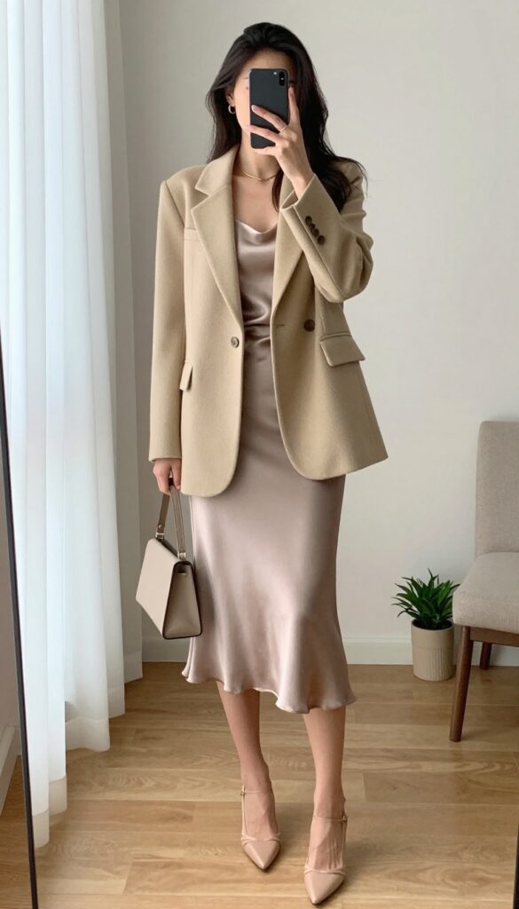 Tall model in a camel blazer and satin slip skirt taking a mirror selfie, with phone partially covering her face, in a bright minimal interior.