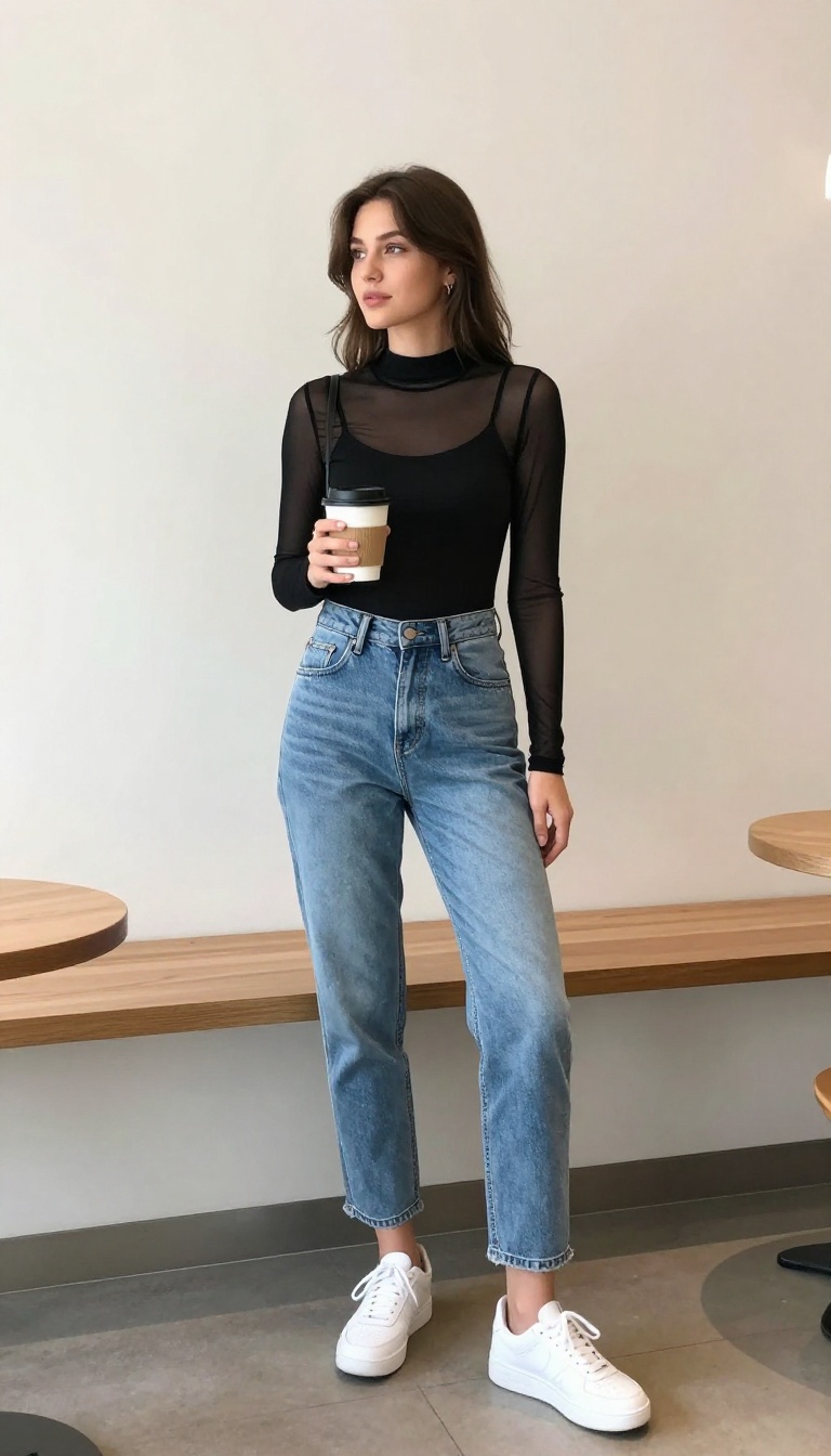 4. Mesh Top and High-Waisted Jeans: Dark Everyday Edge