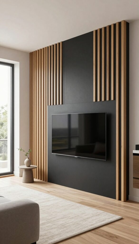 Modern living room with a floor-to-ceiling oak slatted wood TV accent wall over a dark charcoal backing, with a flat-screen TV mounted flush and bright natural light from a large window.