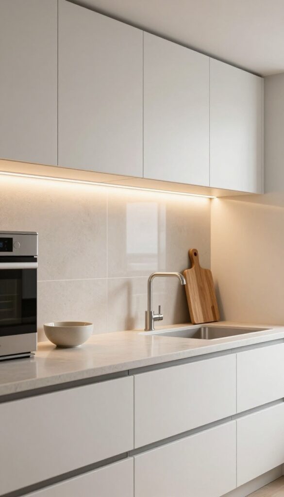 Modern galley kitchen with warm under-cabinet LED lighting glowing across the countertop and backsplash, creating a bright open feel at dusk