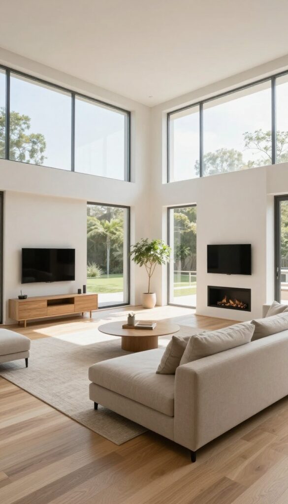 Bright open-plan living room with a neutral low-back sectional sofa floating in the center, dividing the seating area from the dining space behind it.