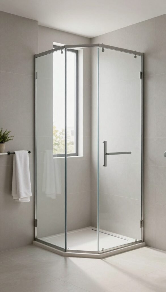 Bright small bathroom with an open walk-in corner shower featuring a single fixed glass panel, large-format gray tiles, and a linear drain under natural light