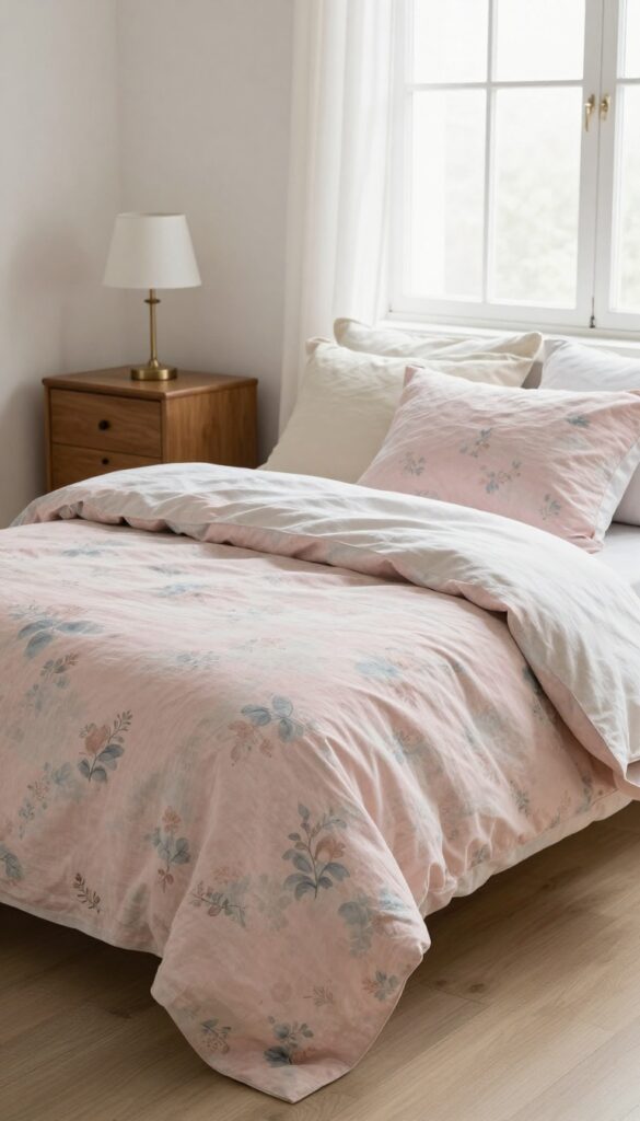 Cozy bedroom with soft pastel rose print bedding in muted pink sage and dusty blue tones, solid pillowcases, and a neutral throw blanket in bright natural light