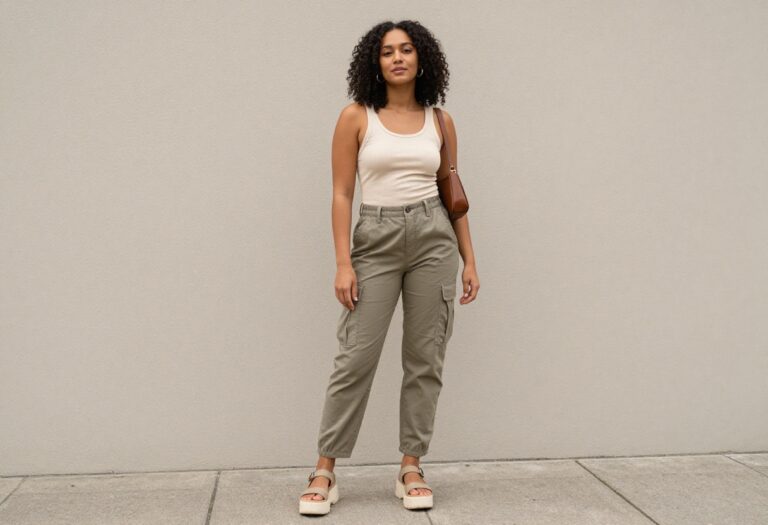 Woman wearing earthy Y2K outfit with sage cargo pants and cream tank top in an outdoor urban setting.