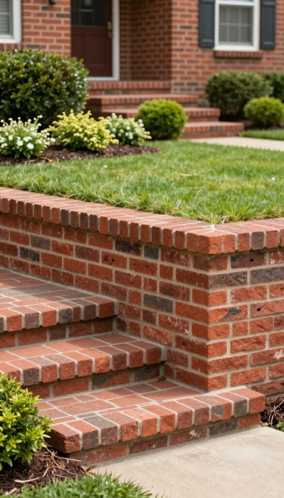 Classic red brick retaining wall with staggered mortar joints in a front yard, matching a traditional brick house facade, surrounded by evenly spaced green shrubs in bright natural light