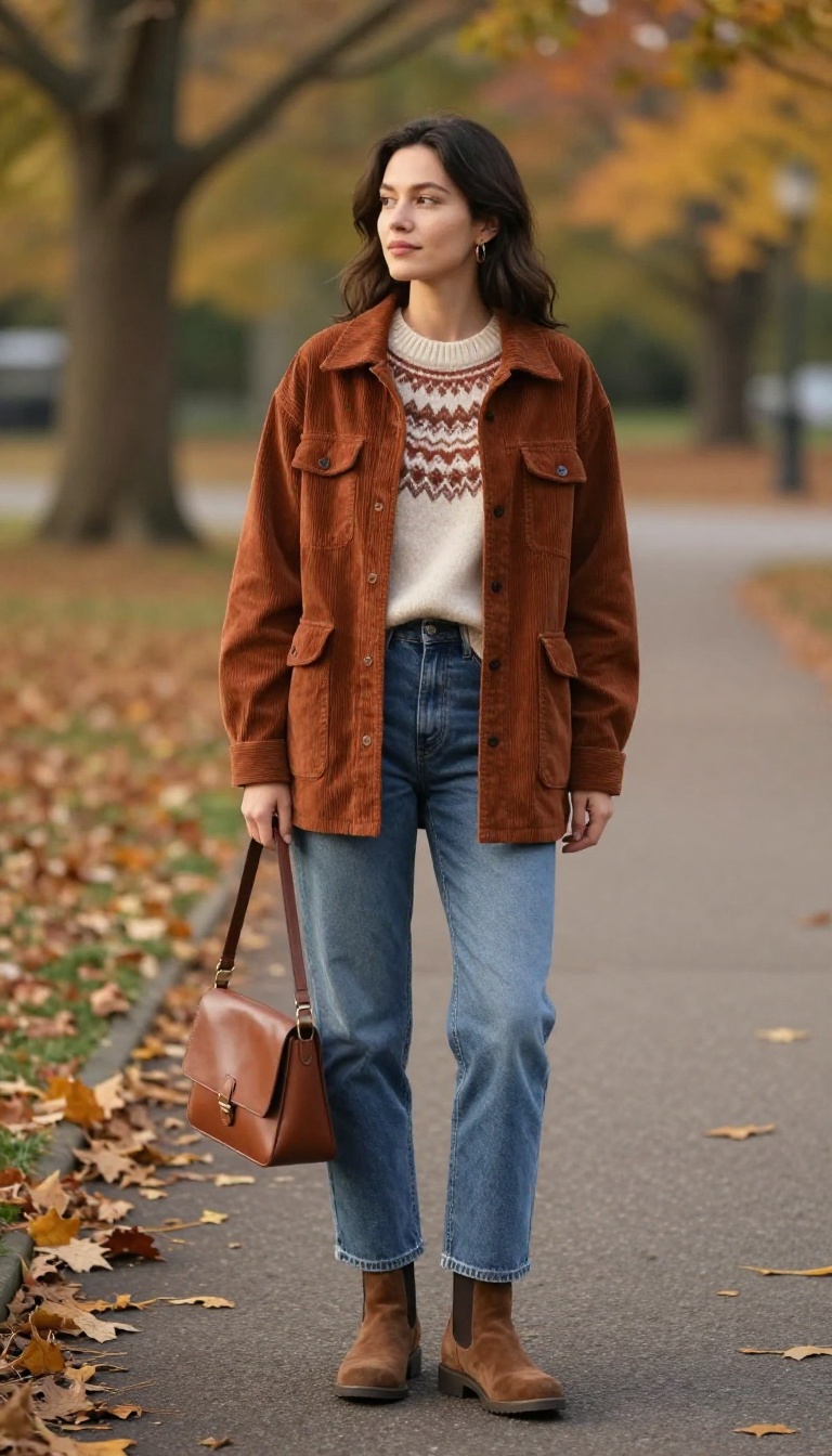 5. Corduroy Jacket + Fair Isle Sweater + Straight-Leg Jeans